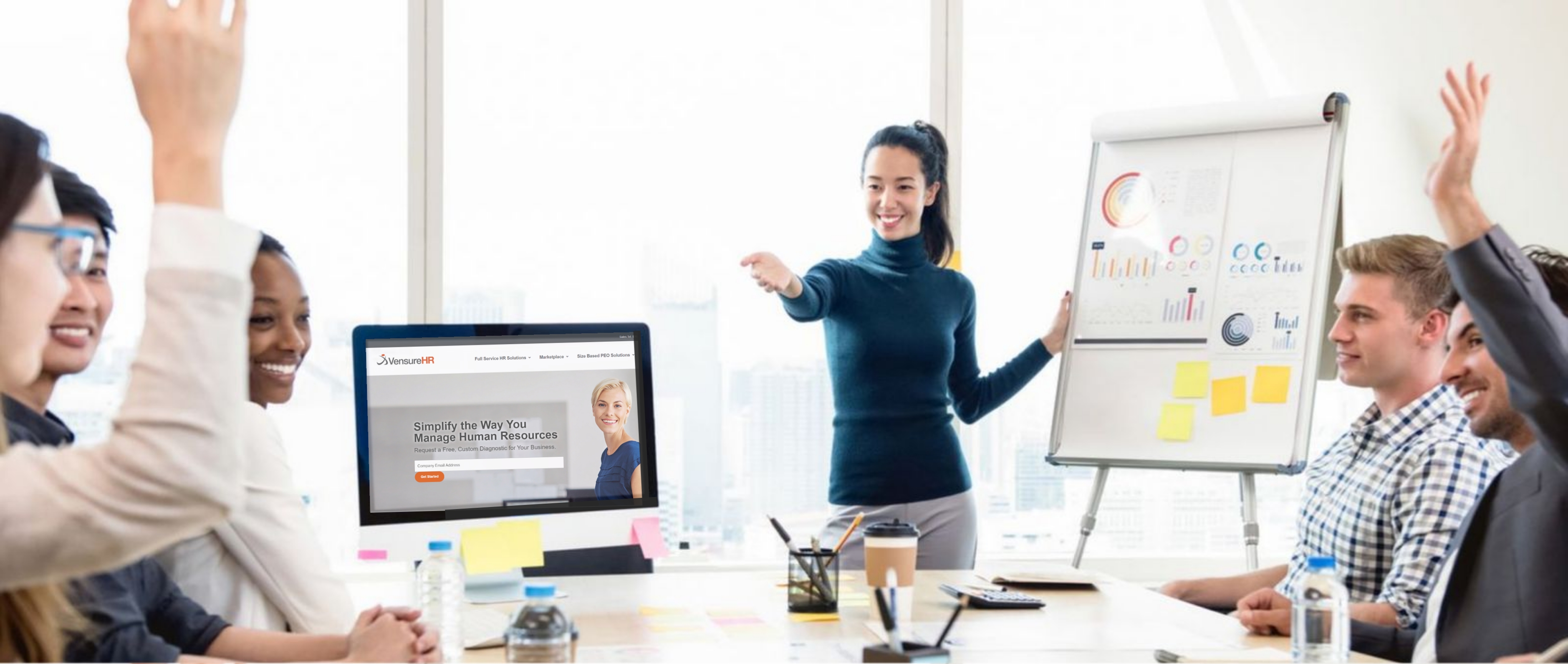 A young businesswoman develops new skills in career by presenting to her team once per week